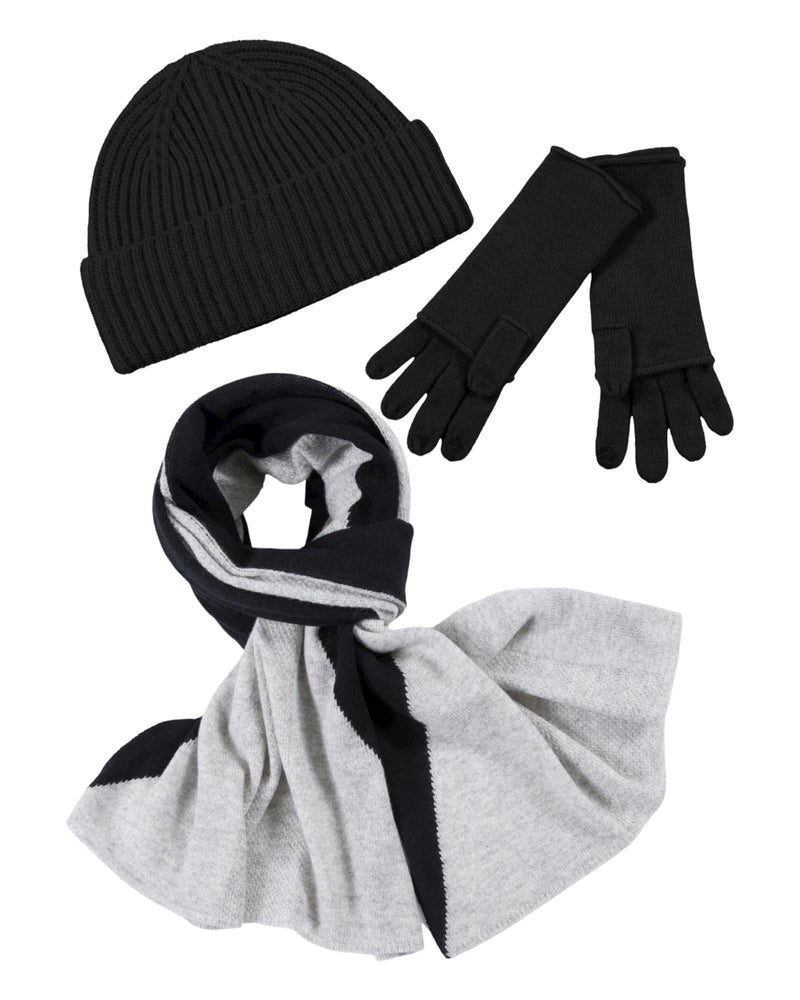 Kaschmir-M&#252;tze, Handschuh + Schal mit geometrischem Muster - Schwarz Online Shop